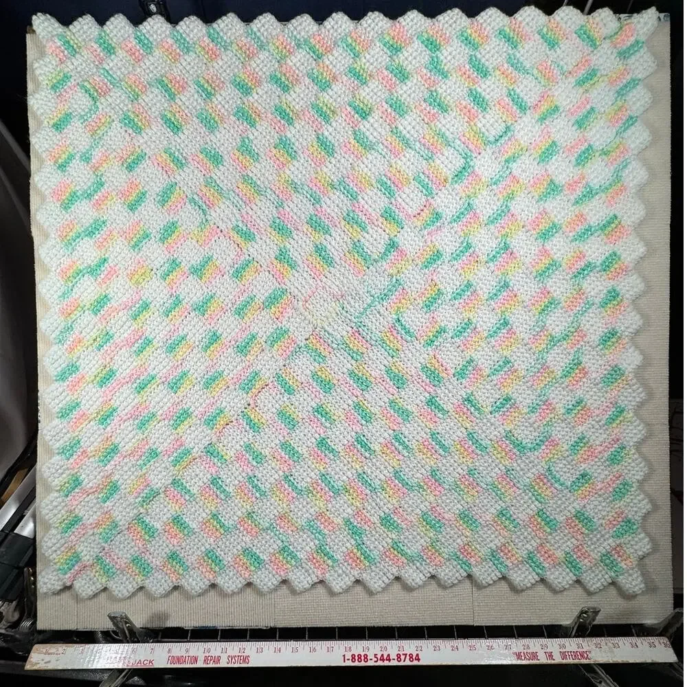 Handmade Crochet Baby Blanket 33x36 Pastel Blue White Pink Yellow Vintage Style